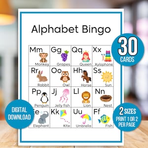 Bingo del alfabeto, 30 tarjetas de bingo del alfabeto imprimibles, práctica del abecedario, bingo del abecedario, bingo para aprender letras, bingo del abecedario, bingo para aprender el abecedario, alfabeto 4x4