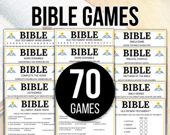 May include: A collection of Bible games with various activities, including word searches, scrambles, trivia, and verse completion. The games are designed with a blue and yellow color scheme and feature the word "BIBLE" prominently. The image displays 70 games.