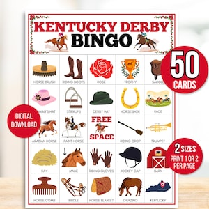 Bingo del Derby de Kentucky, 50 cartones de bingo del Derby de Kentucky, juego del Derby de Kentucky, juego del Derby de Kentucky para niños, fiesta del Derby de Kentucky, bingo de caballos