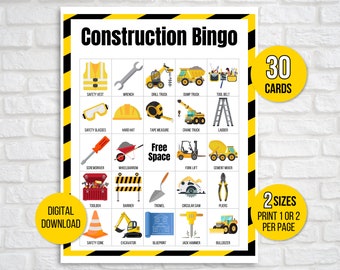 Bingo de construcción, 30 tarjetas de bingo de construcción imprimibles, cumpleaños de construcción, juego de fiesta de construcción, fiesta de cumpleaños de construcción