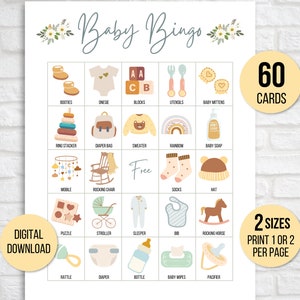 Bingo pour bébé, 60 cartes de bingo pour bébé, Bingo pour baby shower, Jeu de baby shower, Activité baby shower, Bingo bébé imprimable, Bingo bébé neutre