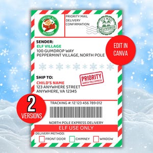 Puede incluir: Un formulario de entrega con temática navideña con bordes rojos y verdes. El formulario incluye secciones para la información del remitente y del destinatario, un número de seguimiento y opciones de método de entrega. El texto incluye "Elf Village".