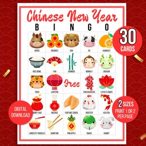 Bingo de Año Nuevo Chino, 30 tarjetas de bingo de Año Nuevo Chino, Actividad de Año Nuevo Chino para niños, Juego de fiesta de Año Nuevo Chino, Actividad china