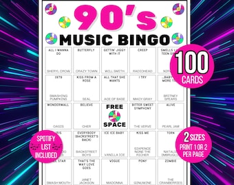 Bingo de los 90, Bingo de canciones de los 90, Bingo musical de los 90, Bingo retro de los 90, 100 tarjetas de bingo imprimibles de los 90, Juego de los 90, Actividad de los 90, Bingo de listas de Spotify de los 90
