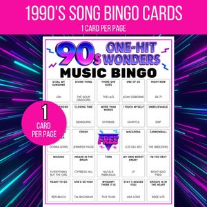 Puede incluir: Una tarjeta de bingo musical de los a&ntilde;os 90 con un dise&ntilde;o vibrante. La tarjeta presenta una cuadr&iacute;cula de t&iacute;tulos de canciones y nombres de artistas, con el texto "ONE-HIT WONDERS MUSIC BINGO" en la parte superior. La tarjeta tambi&eacute;n incluye el texto "1 CARD PER PAGE".