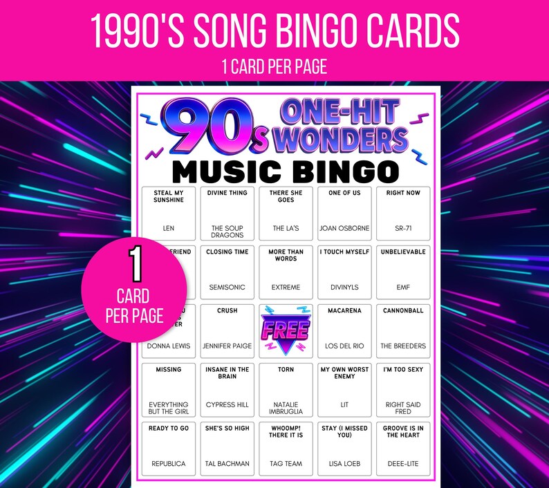 Puede incluir: Una tarjeta de bingo musical de los a&ntilde;os 90 con un dise&ntilde;o vibrante. La tarjeta presenta una cuadr&iacute;cula de t&iacute;tulos de canciones y nombres de artistas, con el texto "ONE-HIT WONDERS MUSIC BINGO" en la parte superior. La tarjeta tambi&eacute;n incluye el texto "1 CARD PER PAGE".