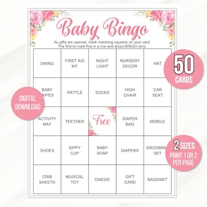50 tarjetas de bingo para baby shower, tarjetas de juego de bingo para niñas, tarjetas de bingo de regalo para bebés, juego de bingo para baby shower, bingo para niñas, juego de bingo para niñas