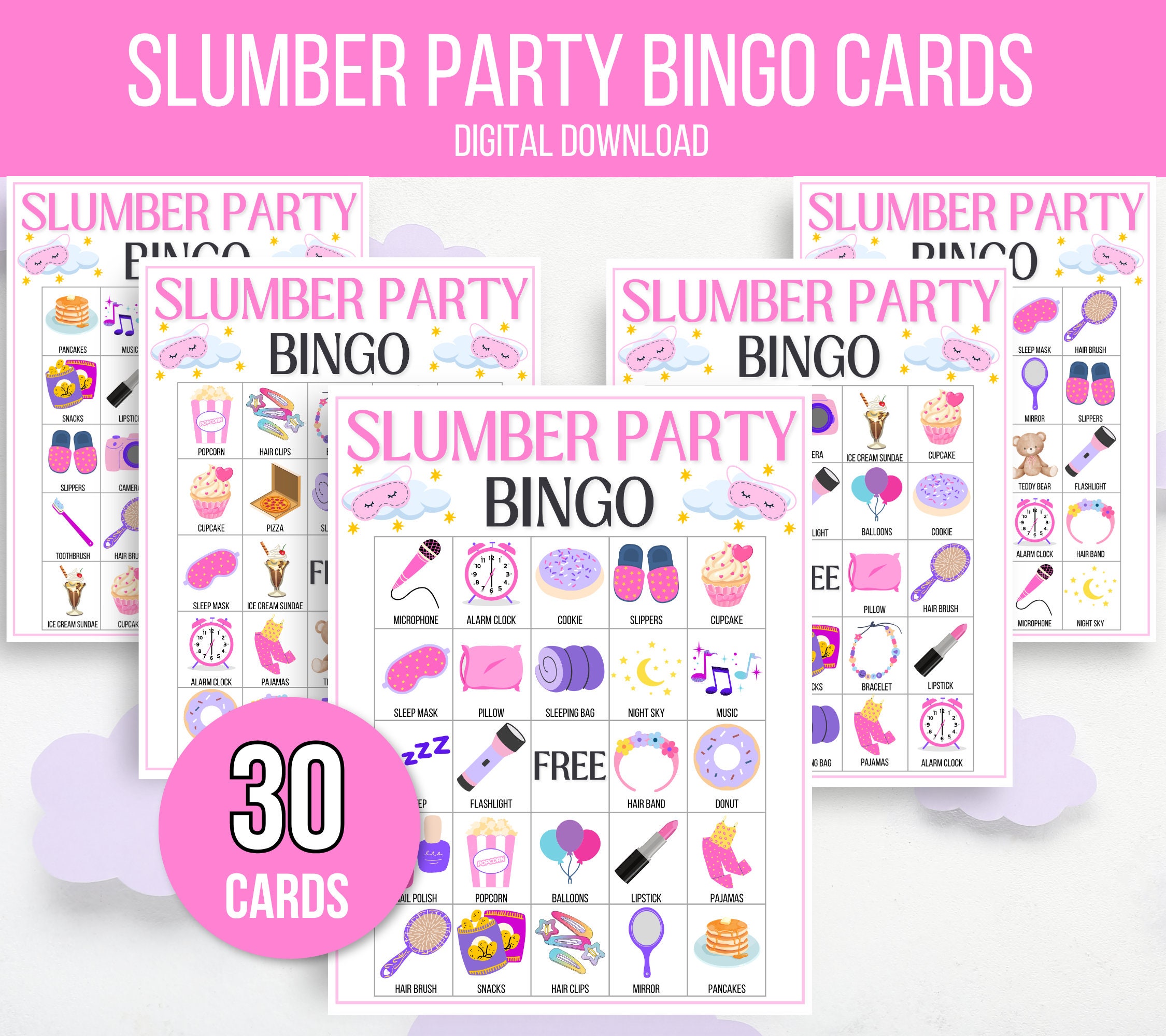 Sleepover Bingo | Slumber Party Find The Guest Bingo | Slumber Party Games | Pajama Party Activities | Birthday Party Games Tweens And Teens