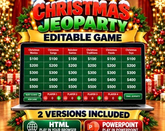 May include: A digital Christmas Jeopardy game displayed on a laptop screen, featuring categories like Christmas Movies, Songs, and Traditions. The interface includes a scoring system for four players, with options for HTML browser play or PowerPoint.
