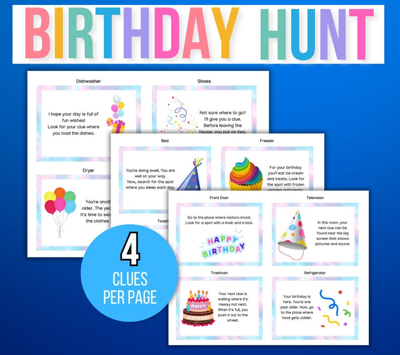 Indoor Birthday Treasure Hunt, Indoor Birthday Scavenger Hunt, 40 Treasure Hunt Birthday Clues, Kids Treasure Hunt Clues, Birthday Printable