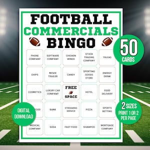 Bingo voetbalreclame, 50 bingokaarten voor grote dag, voetbalhorloge feestbingo, voetbalbingo, voetbalwedstrijd, Bowl Ads Bingo, Game Day
