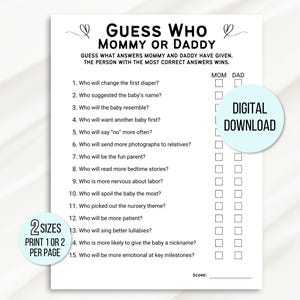 Guess Who Mommy or Daddy Game, Baby Shower Game, Mommy or Daddy Game, Baby Shower Game, Who Said It Trivia Game, Minimalist Baby Shower Game