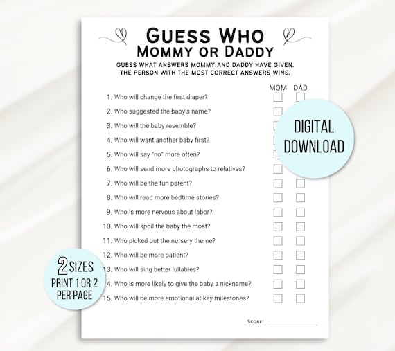 Guess Who Mommy or Daddy Game, Baby Shower Game, Mommy or Daddy Game, Baby Shower Game, Who Said It Trivia Game, Minimalist Baby Shower Game