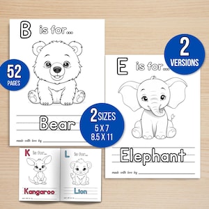 Puede incluir: Libro para colorear del alfabeto imprimible en blanco y negro con animales. El libro incluye 52 páginas y viene en dos tamaños: 5x7 pulgadas y 8.5x11 pulgadas. La portada presenta un oso con la letra B y el texto "B is for... Bear".