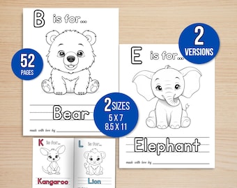 May include: Black and white printable alphabet coloring book featuring animals. The book includes 52 pages and comes in two sizes: 5x7 inches and 8.5x11 inches. The cover features a bear with the letter B and the text "B is for... Bear".