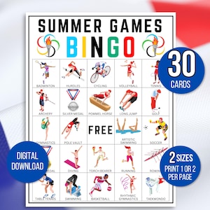 Bingo zomerspelen, 30 bingokaarten zomerspelen, zomerspelen, activiteit zomerspelen, afdrukbare bingo voor kinderen, zomerbingospel voor kinderen