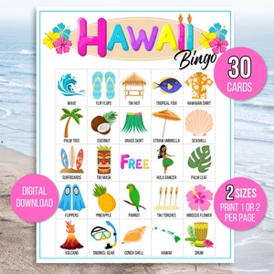 Könnte beinhalten: Eine farbenfrohe "Hawaii Bingo" Spielkarte mit verschiedenen tropischen Bildern, darunter eine Welle, Flip-Flops, eine Tiki-Hütte und ein Hawaiihemd. Die Karte enthält auch den Text "Digitaler Download", "30 Karten" und "2 Größen Drucken 1 oder 2 pro Seite".