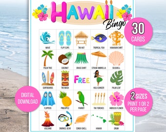 Hawaii Bingo, 30 Hawaii Bingokort, Luau Bingo, Aloha Bingo, Luau Födelsedag, Luau Partyspel, Hawaiiansk Födelsedagsfest, Hawaiianska Spel