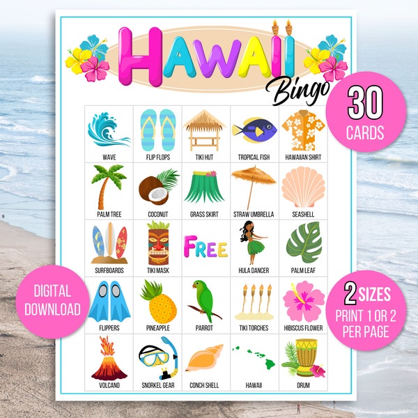 Hawaii Bingo, 30 Hawaii Bingo Cards, Luau Bingo, Aloha Bingo, Luau Birthday, Luau Party Game, Hawaiian Birthday Party, Hawaiian Games