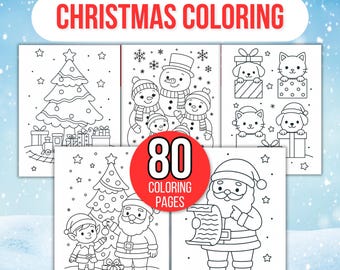 May include: A collection of Christmas-themed coloring pages. The image features illustrations of a Christmas tree, snowmen, Santa Claus, and various animals. The text "CHRISTMAS COLORING" is at the top, and "80 COLORING PAGES" is in a red circle.