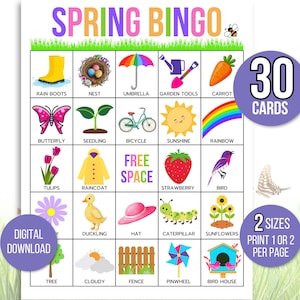 Bingo de primavera imprimible, 30 tarjetas de bingo de primavera, actividad de primavera para niños, juego de fiesta de primavera para niños, actividad de primavera para el aula, juego de primavera