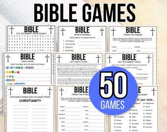 May include: A collection of 50 printable Bible-themed games. The games include word searches, word scrambles, trivia, and more. The games are perfect for Sunday school, church groups, or family gatherings.
