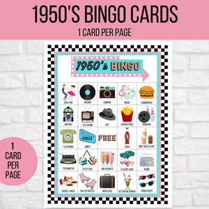 50s Bingo, 1950s Bingo, 30 Printable 1950s Bingo Cards, 50s Game, 50s ...