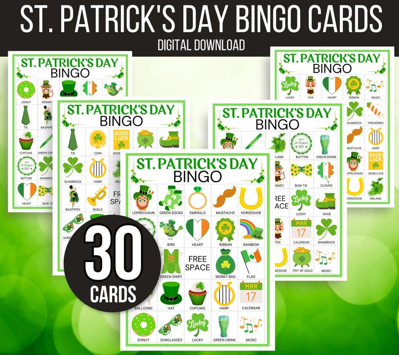 St. Patrick's Day Bingo, 30 St. Patrick's Bingo Cards, St. Patrick's Day Game, St. Paddy's Game for Kids, St. Patrick's Day Party Game