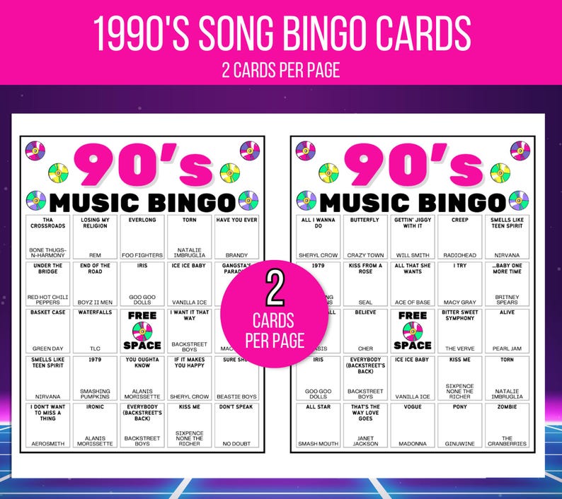 90s Bingo, 90s Song Bingo, 90s Music Bingo, 90s Retro Bingo, 50 Printable 1990s Bingo Cards, 90s Game, 90s Activity, 90s Spotify List Bingo