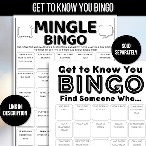 May include: Two black and white Bingo game sheets with the text "Mingle Bingo" and "Get to Know You Bingo". The games have various prompts to find people with matching characteristics. One sheet has a "Sold Separately" sticker.
