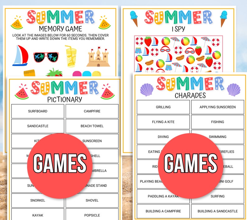 Puede incluir: Cuatro tarjetas de juego de verano imprimibles con gr&aacute;ficos de sand&iacute;a y helado. Los juegos incluyen memoria, veo veo, charadas y un pictionary de tem&aacute;tica veraniega.