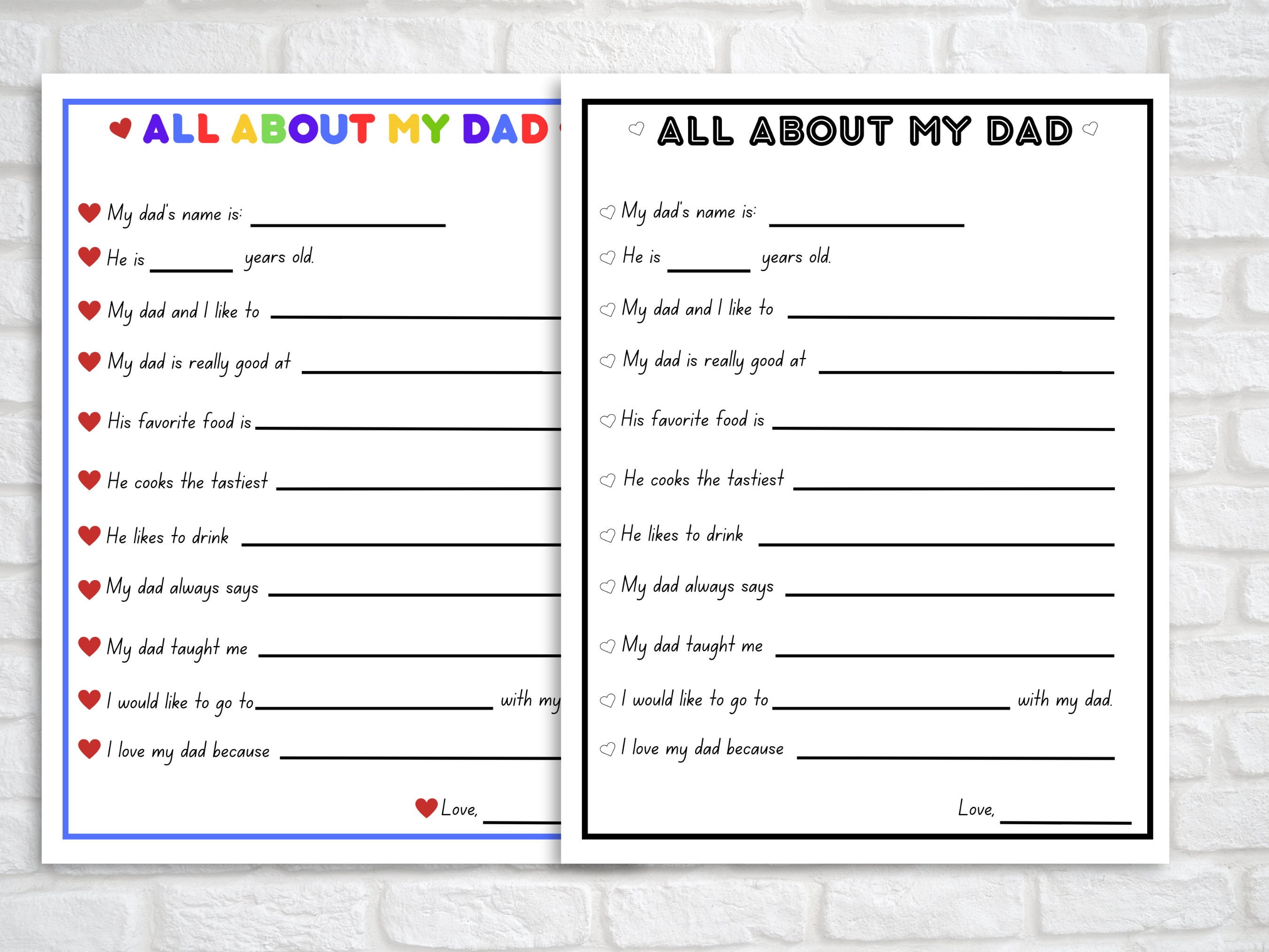 All About My Dad Fill in the Blanks Questionnaire, Father's Day Craft ...