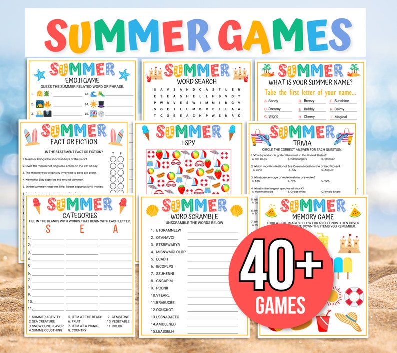 Puede incluir: Un conjunto de juegos de verano imprimibles para ni&ntilde;os. Los juegos incluyen b&uacute;squedas de palabras, preguntas y respuestas, juegos de memoria y m&aacute;s. Los juegos est&aacute;n todos relacionados con el verano y presentan colores brillantes e ilustraciones divertidas.