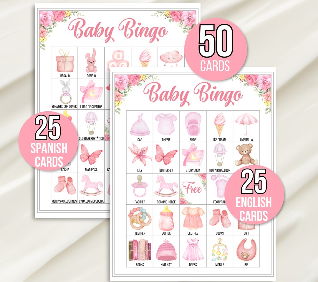 Baby Girl Bingo, 50 Spanish and English Baby Bingo Cards, Baby Girl ...