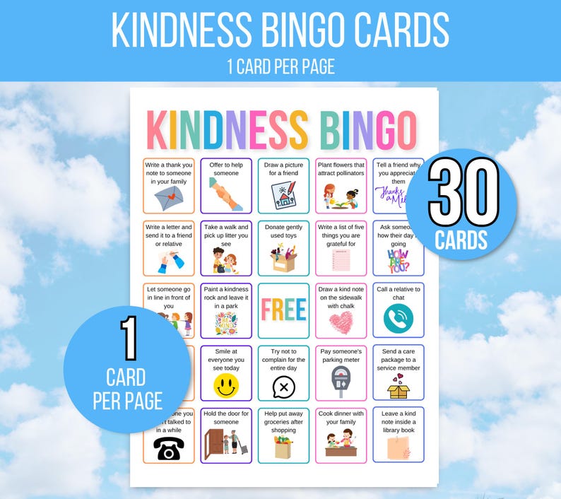 Kindness Bingo, 30 Kindness Bingo Cards, Acts of Kindness Bingo, Kid's Kindness Challenge, Kindness Activity, Kindness Game, Kindness Cards