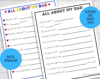 All About My Dad Fill in the Blanks Questionnaire, Father's Day Craft, Father's Day Worksheet, Gift For Dad from Kids, Father's Day Gift