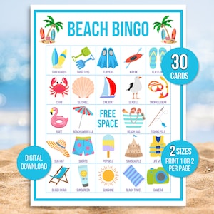 Strandbingo, pret in de zon bingo, 30 afdrukbare strandbingokaarten, strandspel, strandactiviteit, afdrukbaar bingospel voor kinderen, bingo voor kinderen