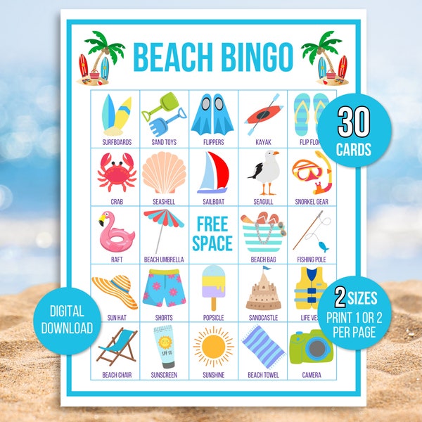 Beach Bingo, Fun in the Sun Bingo, 30 Printable Beach Bingo Cards, Beach Game, Beach Activity, Kid's Printable Bingo Game, Bingo for Kids