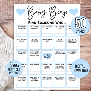 50 tarjetas de bingo para baby shower, bingo para conocer a tu bebé, juego de bingo para bebés, tarjetas de bingo para bebés, juego de bingo para baby shower, rompehielos para baby shower