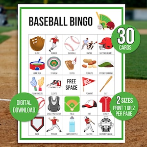 Bingo di baseball, 30 cartelle di bingo di baseball stampabili uniche, giochi di baseball, attività di baseball, gioco di baseball stampabile per bambini