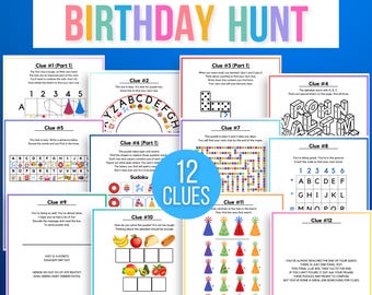 Indoor-Geburtstags-Schatzsuche für ältere Kinder, Geburtstags-Schnitzeljagd, Schatzsuche-Geburtstags-Hinweise, Kindergeburtstag-Fluchtraum-Puzzles