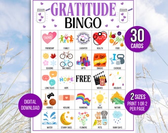 Bingo de Gratitud, 30 Tarjetas de Bingo de Gratitud, Bingo de Atención Plena, Actividad de Gratitud, Juego de Gratitud, Actividad de Consejería, Juego de Bingo de Consejería