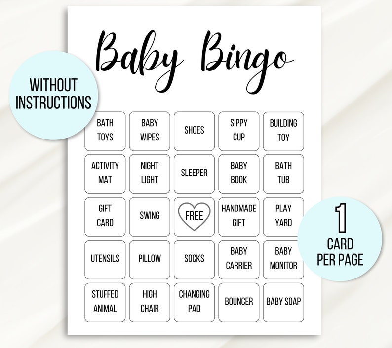 Pu&ograve; includere: Una scheda di bingo per bambini stampabile in bianco e nero con 25 caselle. Ogni casella contiene una parola o una frase relativa a un bambino, come "giochi da bagno", "salviette per bambini", "scarpe", "bicchiere con beccuccio", "giocattolo da costruzione", "tappeto per attivit&agrave;", "luce notturna", "pigiama", "libro per bambini", "vasca da bagno", "buono regalo", "altalena", "gratuito", "regalo fatto a mano", "parco giochi", "posate", "cuscino", "calzini", "marsupio", "baby monitor", "peluche", "seggiolone", "fasciatoio", "saltellino" e "sapone per bambini". La scheda &egrave; etichettata "Baby Bingo" e "1 scheda per pagina".