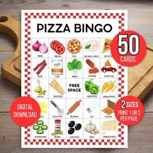 Pizza Bingo, Pizza Party Bingo, 50 Printable Pizza Bingo Cards, Pizza Game, Pizza Activity, Kid&#39;s Printable Bingo Game, Pizza Birthday Game