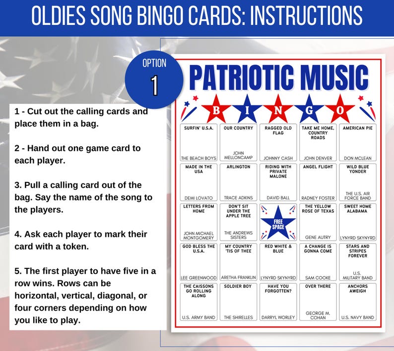 Music Bingo, Patriotic Music Bingo, Fourth of July Bingo Cards, Patriotic Bingo, Independence Day Bingo, 4th of July Game, Veterans Bingo
