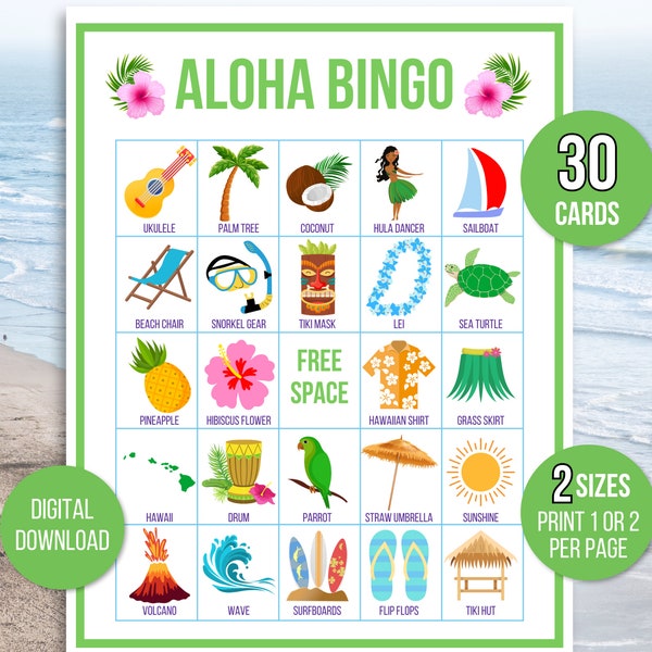 Aloha Bingo, Luau Bingo, Hawaiian Bingo, 30 Printable Luau Bingo Cards, Luau Birthday, Luau Party Game, Luau Birthday Party, Hawaiian Games