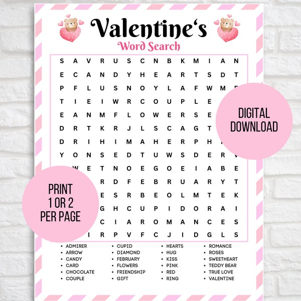 Valentine's Day Word Search, Fun Valentines' Day Game, Printable Valentine's Day Game, Valentine's Game for Kids, Valentine's Worksheet