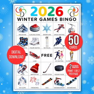 Winter Games Bingo, 50 Winter Games Bingo Cards, Winter Games, Winter Games Activity, Kid's Printable Bingo, Kids Winter Games, Sports Bingo