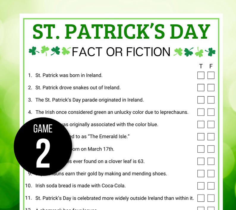 St. Patrick's Day Trivia Game, St. Patrick's Day Game, St. Patrick's Trivia Game, St. Patrick's Day Party Game, St Patrick's Fact or Fiction