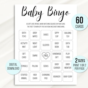 60 Baby Shower Bingo Cards, Unique Prefilled Baby Bingo Game Cards, Baby Gift Bingo Cards, Baby Shower Bingo Game, Minimalist Baby Bingo 1